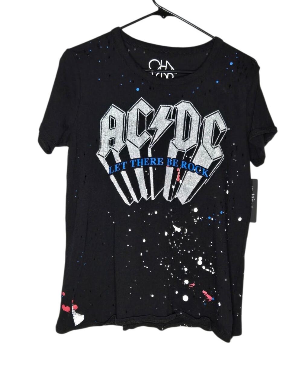 Chaser AC/DC Glitter Distressed Paint Splatter Tee NEW Women's Medium